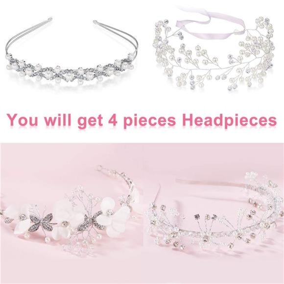 4 Pcs Headband Headpiece Bridal Bridesmaid hair band Pearls Rhinestone Headdress